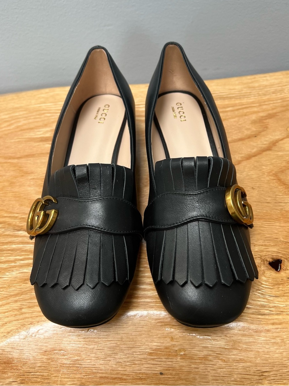 Gucci Marmont fringe loafers black leather horsebit GG logo block heel loafers - Picture 2 of 8